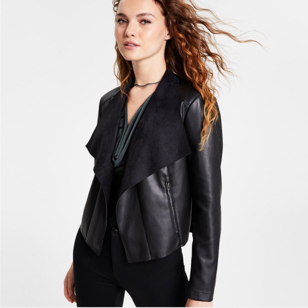 NWT bar III Faux-Leather Flyaway Jacket - Deep Black - XXS